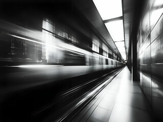 High-speed train rushing through a modern subway station with sleek architecture and ambient lighting