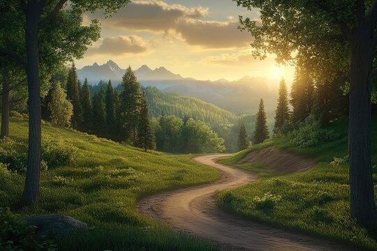 Serene mountain path at sunset. Lush greenery, winding dirt road leads into a valley framed by majestic mountains bathed in golden sunlight