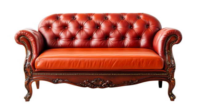 Luxurious red leather couch with wood trim, cutout transparent