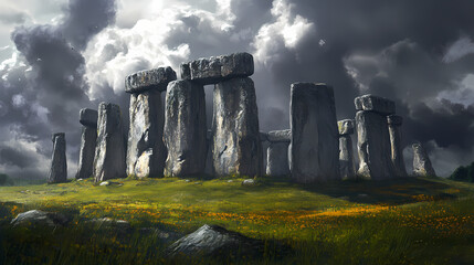 Massive stone monoliths stand tall against a brooding cloudy sky on a grassy field, evoking mystery and ancient history. Ancient Incubation. Illustration