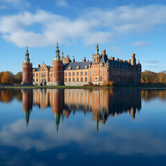 Naklejka premium Majestic Castle Reflection Autumnal Palace on Calm Lake