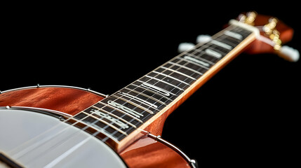 Fototapeta premium Close Up Of A Detailed Banjo With Wooden Body Fretboard And Gold Accents Against A Dark Background