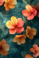 Enthralling Floral Symphony: A Teal Canvas of Orange and Yellow Blossoms