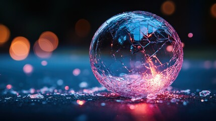 Shattered Sphere: A Nighttime Symphony of Light and Broken Glass