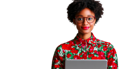 Afro woman with laptop, glasses and red lipstick, cut out transparent