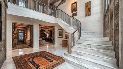 A modern cantilevered staircase with dark wooden steps and a hidden LED strip lighting system, set against a neutral-toned wall.
A minimalist spiral staircase made of smooth concrete, wrapping elegant