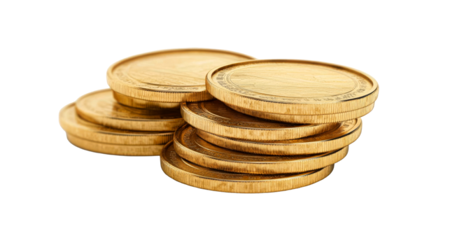 Stacks of gold coins, wealth accumulation, investment concept, cut out transparent