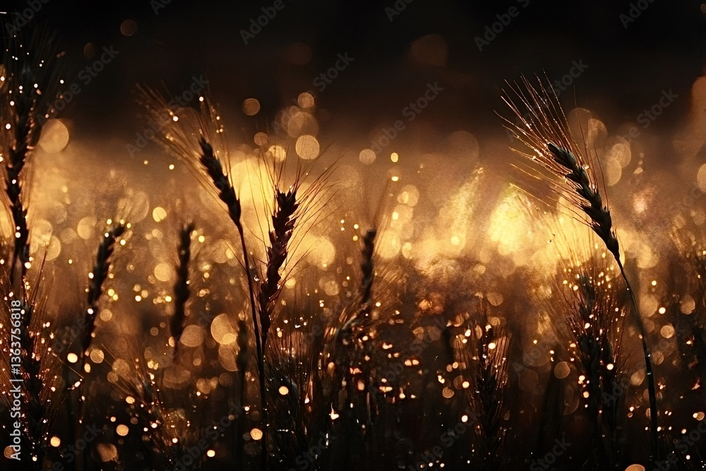 Poster dewdrops clinging to wheat stalks create a magical bokeh effect as the setting sun bathes the field 