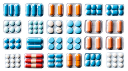 Variety of medication blister packs on black background, cut out transparent