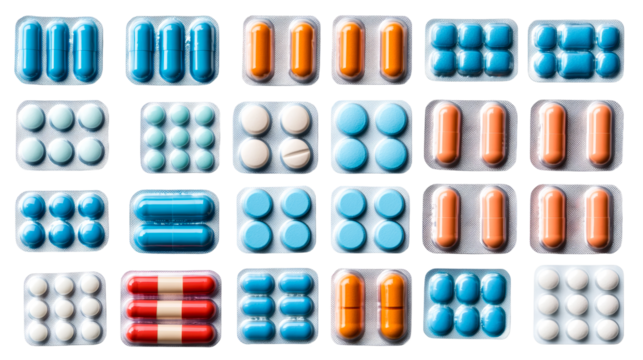 Variety of medication blister packs on black background, cut out transparent