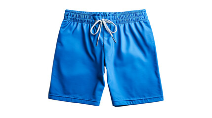 Blue athletic shorts with drawstring on black background, cut out transparent