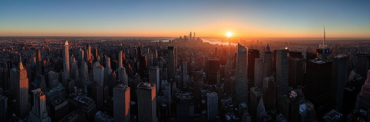 Aerial view of New York City skyline at sunrise