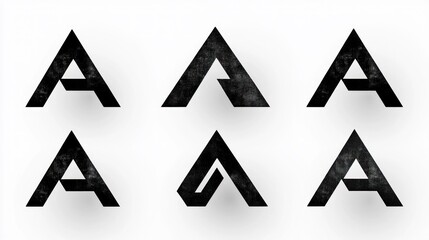Six variations of letter A logo designs, white background, graphic design concepts