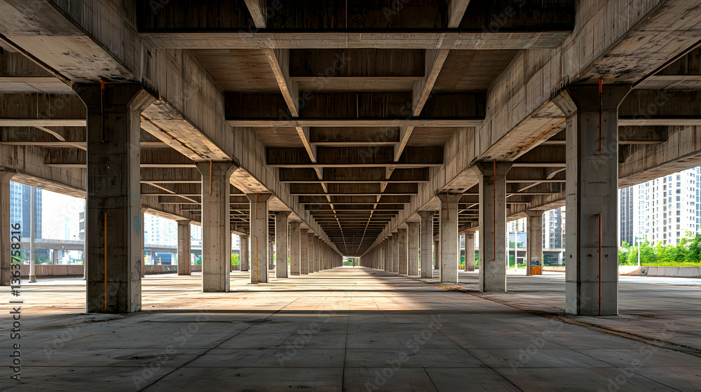 Poster concrete structure interior perspective view with supporting columns and ceiling in daylight