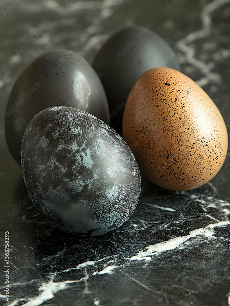 Poster four uniquely colored eggs displayed on a dark marble surface, showcasing their textures and pattern