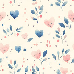 Watercolor Romance: An elegant pattern of painted hearts and delicate foliage blooms across a warm, neutral canvas, evoking feelings of love and serenity. 