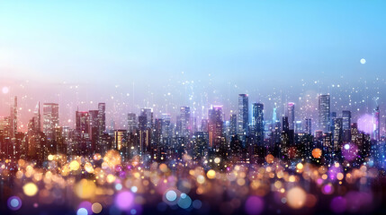 City Skyline At Night With Digital Connections