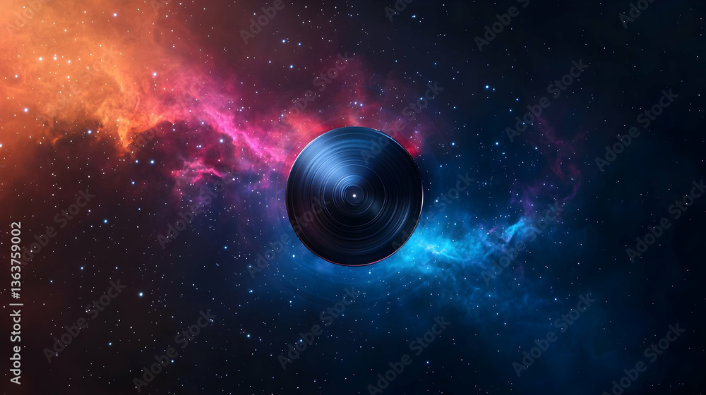 Poster abstract sphere floating in a vibrant nebula with digital pixel detailing and cosmic background