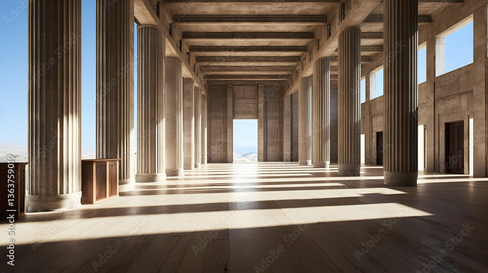 Poster large classical hall interior with columns sunlight and shadows creating a dramatic perspective in t