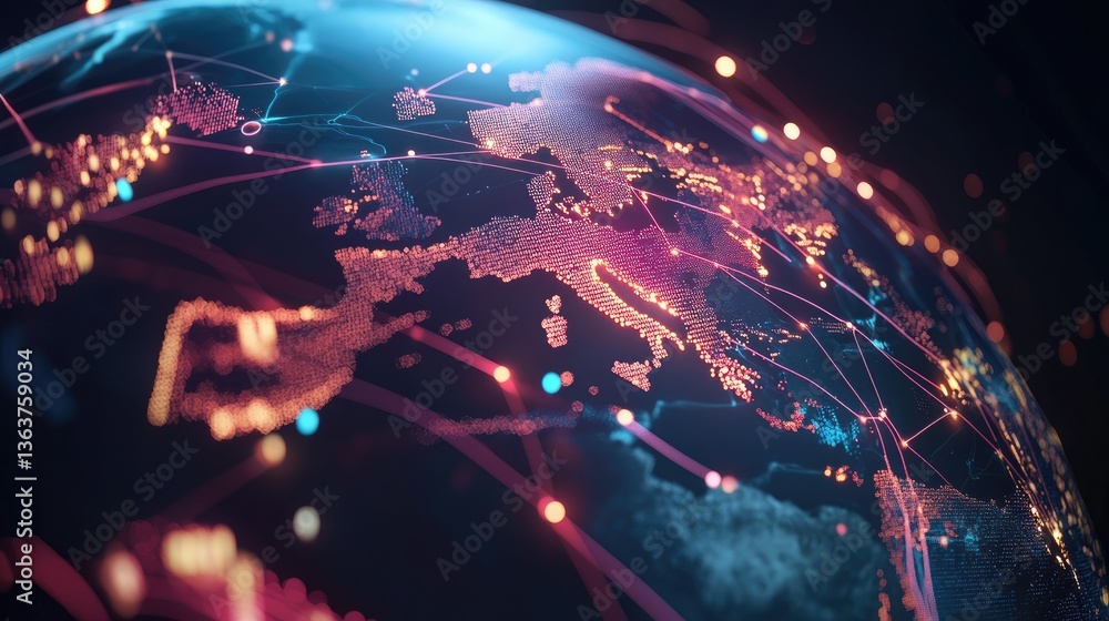 Poster global fintech network visualizing interconnected online transactions, secure banking, and cross-bor