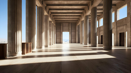 Fototapeta premium Large Classical Hall Interior With Columns Sunlight And Shadows Creating A Dramatic Perspective In The Stone Building