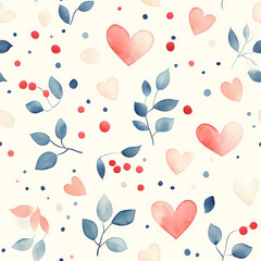 Watercolor Hearts and Leaves Pattern: A charming watercolor pattern featuring delicate hearts, lush leaves, and scattered berries, painted in soft hues, creating a seamless and romantic design.