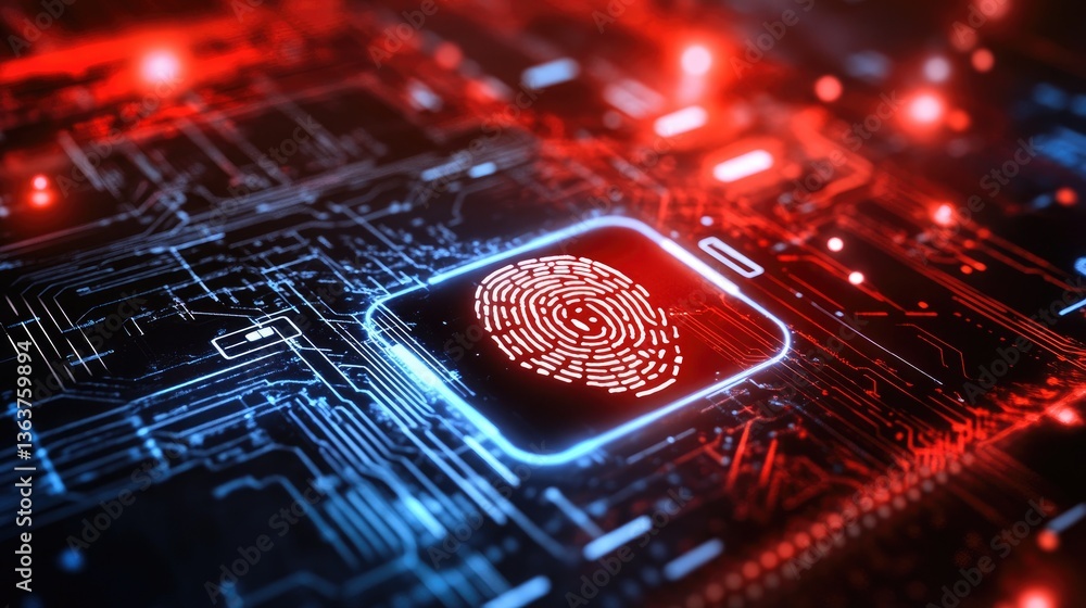 Poster high-tech biometric security scanner authenticating financial transactions and banking access.