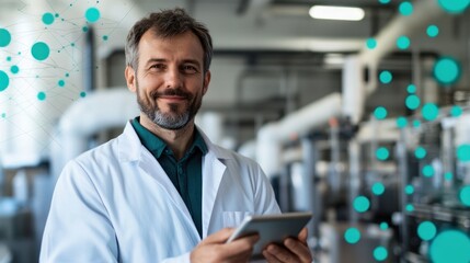Fototapeta premium Scientist smiling with tablet in lab