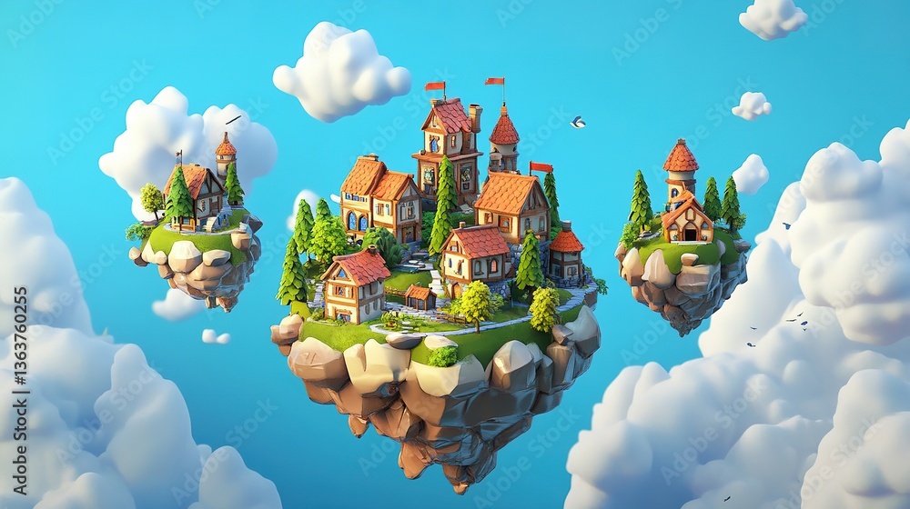 Poster fantasy illustration depicting several floating islands with structures and trees
