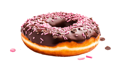 Donut with chocolate glaze and pink sprinkles, isolated, cut out transparent