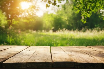 Rustic Wooden Tabletop Summer Nature Background Sunny Green Meadow Peaceful Tranquil Serene Landscape Perfect for Product Display Photography Design Elements Springtime Idyllic Outdoor Scene Beautiful