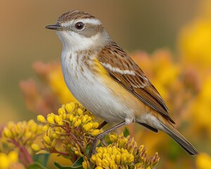 Yellow-rumped Warbler on a Blossoming Bush