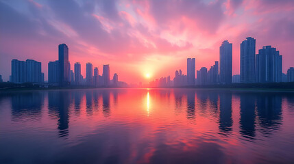 Obraz premium Vibrant sunset over a city skyline reflecting on a calm lake with colorful clouds in the background