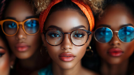 Three stylish women with vibrant accessories and glasses, showcasing beauty and confidence indoors