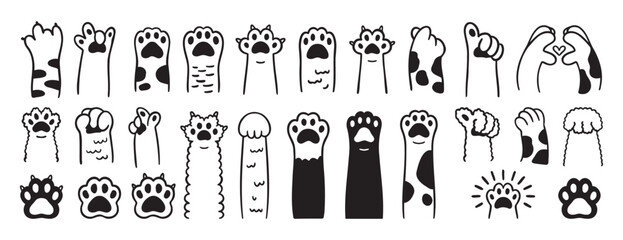 Paw doodle. cute cats paws hand drawn icon set. Outline drawing paws pet line clipart symbol collection