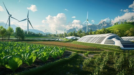 Fototapeta premium Sustainable agricultural futuristic landscape with modern greenhouses and wind turbines