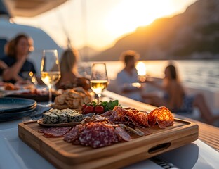 Elegant sunset dining on a yacht with an array of gourmet delicacies and friends enjoying a relaxing evening near distant mountains