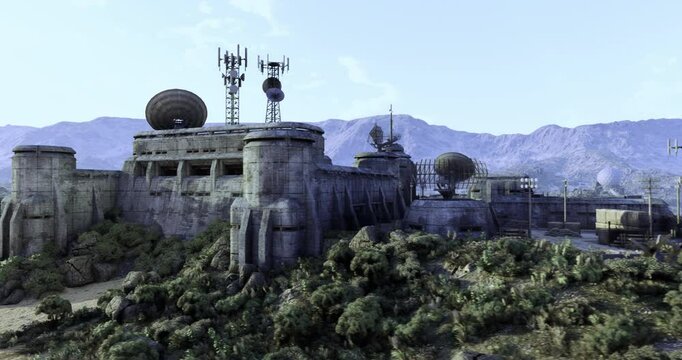 A large military outpost is nestled between mountains, equipped with communication antennas and radar dishes. Lush vegetation surrounds the fortified structure, highlighting the remote location.