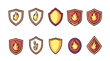 Fire shield icons, game design elements, white background, app UI