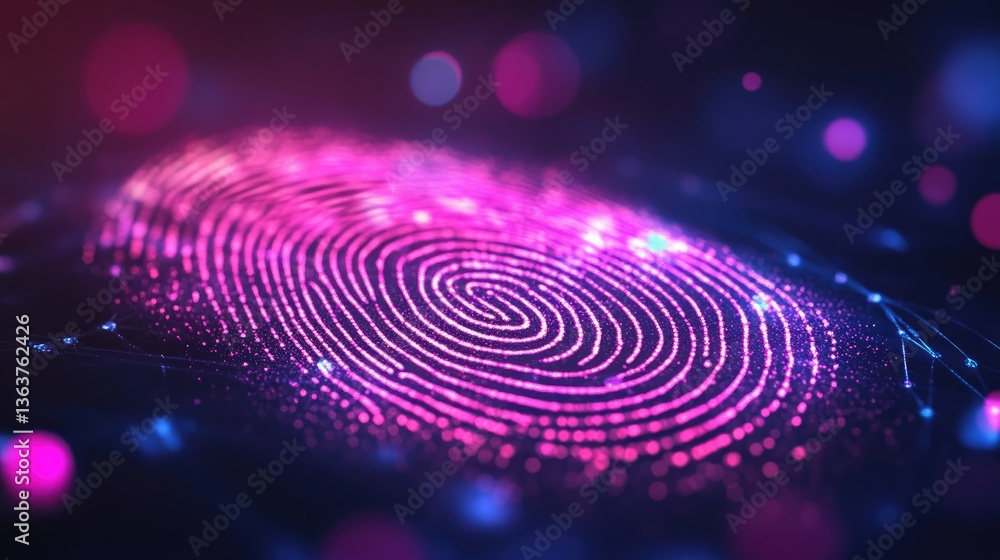 Poster neon-glowing fingerprint authentication system securing online banking and digital transactions.