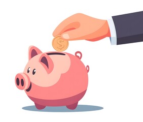 Saving money by depositing coins into a cheerful piggy bank with a hand reaching out in a vibrant and colorful illustration