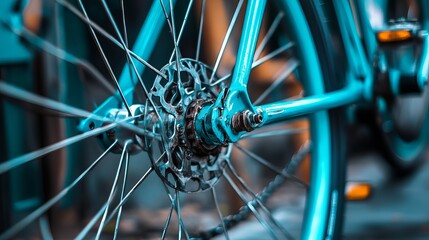 Fototapeta premium Teal Bicycle Wheel Closeup Detailed Spokes Hub Gear Bicycle Parts Repair Maintenance Bike Wheel Spokes Bicycle Technology Mechanical Engineering Cycling Equipment Bicycle Frame Bike Wheel Hub Bicycle 