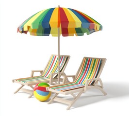 A 3D rendering of beach chairs and umbrellas, including a beach ball, during the summer season
