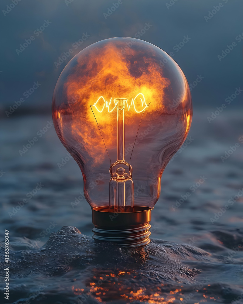 Poster illuminated light bulb with glowing filament floating on water at dusk, creating a surreal atmospher