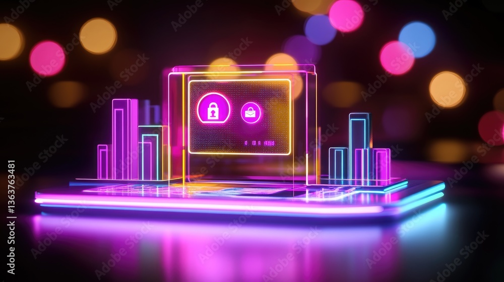 Poster neon-lit secure transaction concept with a holographic banking interface, showcasing encrypted digit