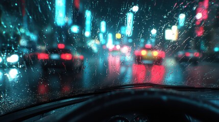 Obraz premium Rainy night city drive, blurred lights, traffic