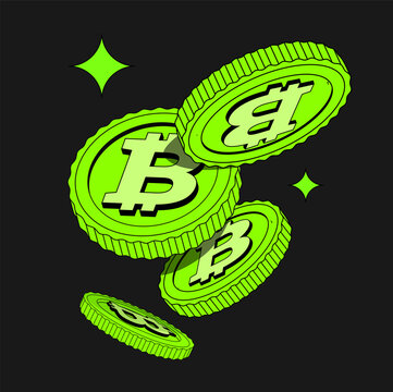 Bright green 2D Bitcoin in flat cartoon style. Isolated illustration of currency. Flying coins or Money. Flat, Cryptocurrency. Fintech Blockchain. Currencies Isolated. Illustration in Retro y2k style.