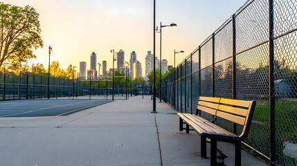 Wooden Bench Facing City Skyline In An Empty Park Under Evening Sunset Sky