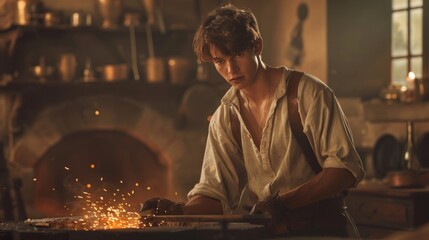 Historic Blacksmith at Work Sparks Fly as Metal is Forged in a Traditional Workshop Setting