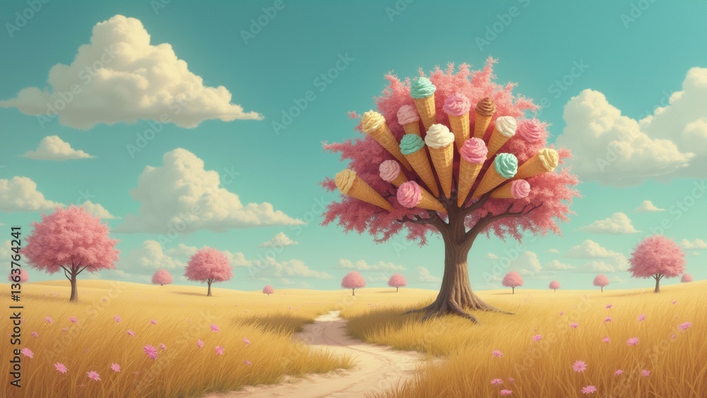 Poster digital illustration beautiful landscape large tree center tree has multiple layers colorful ice cre